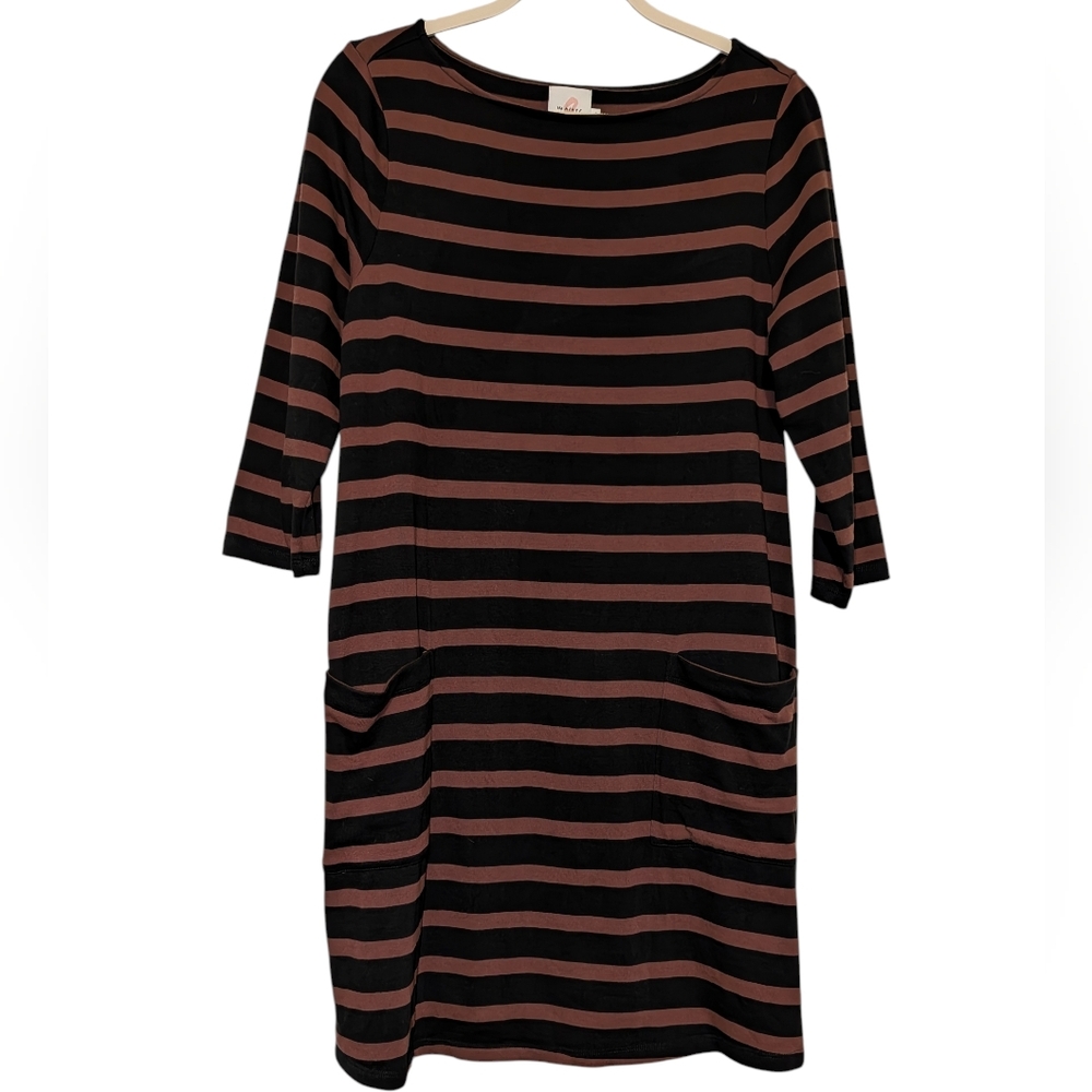 The Nines by HATCH Black and Brown Striped Long Sleeve Dress